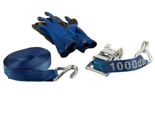 Ratchet tie down set 35mm with double J-hook. Length 0,3+5,7m. 1000 daN