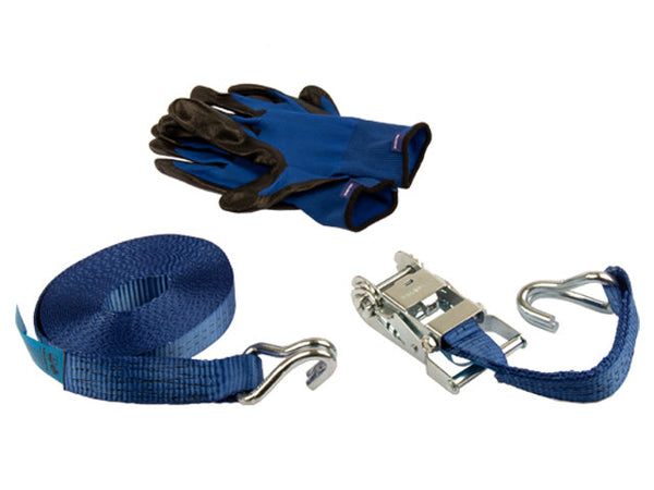 Ratchet tie down set 35mm with double J-hook. Length 0,3+7,7m. 1000 daN