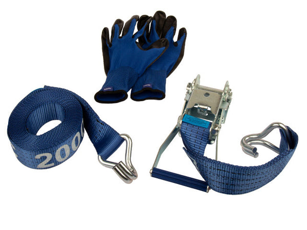 Ratchet tie down set 50mm with double J-hook. Length 0,5+4,5m. 2000 daN