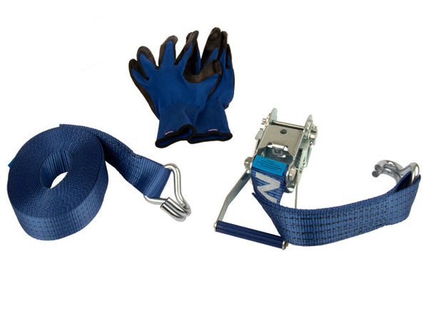 Ratchet tie down set 50mm with double J-hook. Length 0,5+7,5m. 2000 daN