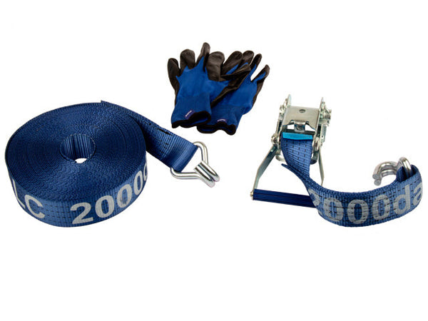 Ratchet tie down set 50mm with double J-hook. Length 0,5+16,5m. 2000 daN