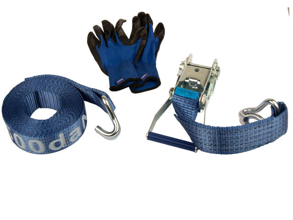 Ratchet tie down set 50mm with double J-hook. Length 0,5+5,5m. 2500 daN