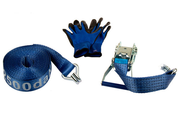 Ratchet tie down set 50mm with double J-hook. Length 0,5+9,5m. 2500 daN
