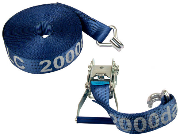 Ratchet tie down set 50mm with double J-hook. Length 0,5+16,5m. 2000 daN