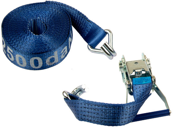 Ratchet tie down set 50mm with double J-hook. Length 0,5+9,5m. 2500 daN