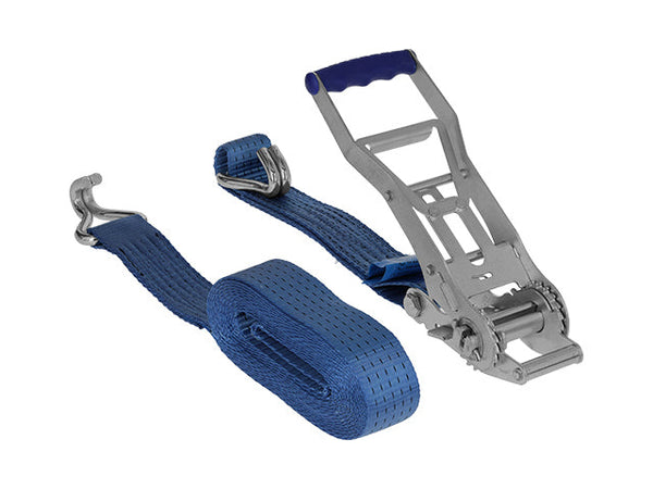 Ratchet tie down set 50mm with double J-hook, langer Griff. Length 0,5+5,5m. 2500 daN