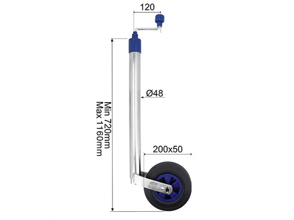 Jockey wheel Ø48 mm 150 kg 200x50 mm plastic rim