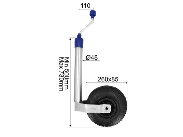 Jockey wheel Ø48 mm 136 kg 260x85 mm plastic rim