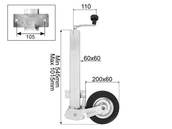 Automatic jockey wheel Ø60 mm 200 kg 200x60 mm
