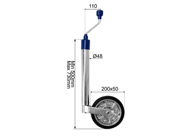 Jockey wheel Ø48 mm 150 kg 200x50 mm steel rim