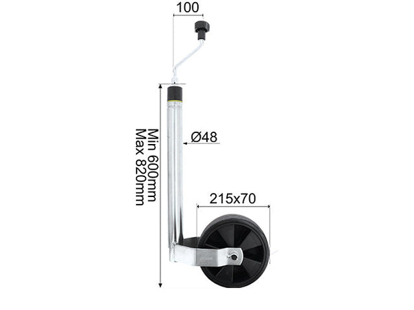 Jockey wheel Ø48 mm 125 kg 215x70 mm nose weight indicator