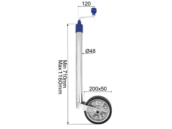 Jockey wheel Ø48 mm 150 kg 200x50 mm plastic rim blue