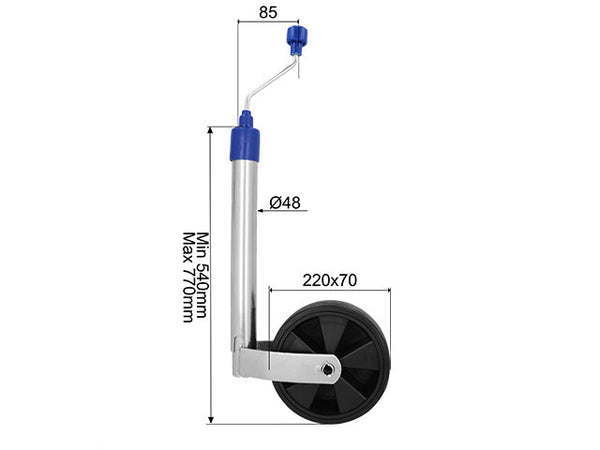 Jockey wheel Ø48 mm 150 kg 220x70 mm plastic rim