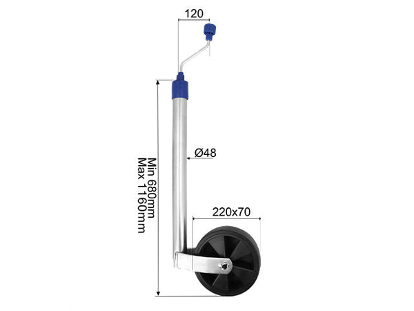 Jockey wheel Ø48 mm 150 kg 220x70 mm plastic rim black