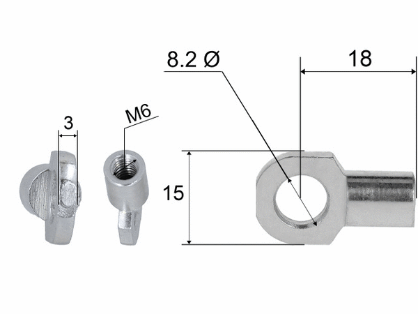 Hinge eye for gas spring; L=18; M6, max 150N
