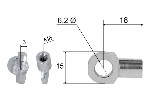 Hinge eye for gas spring; L=18; M6, max 150N