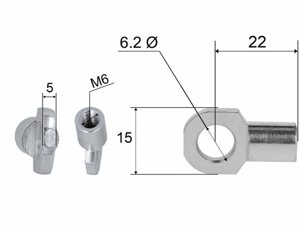 Hinge eye for gas spring; L=22; M6, max 300N
