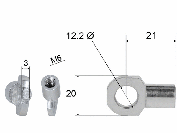Hinge eye for gas spring; L=21; M6, max 150N