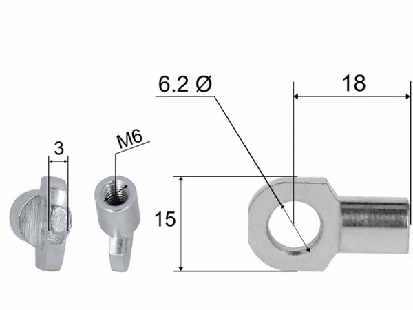 Hinge eye for gas spring; L=18; M6, max 300N