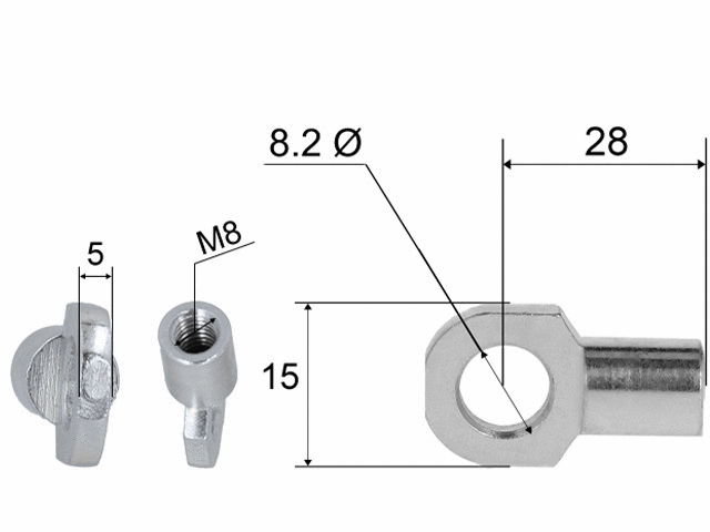 Hinge eye for gas spring; L=28; M8, max 300N