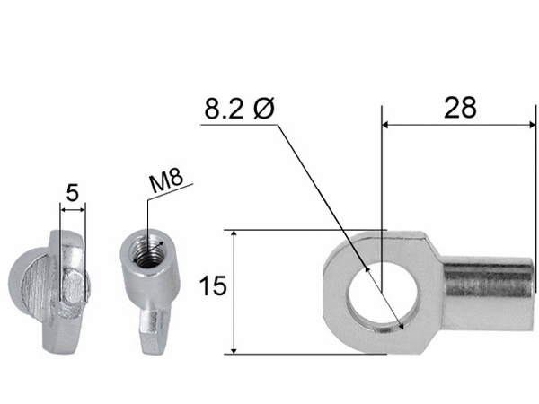 Hinge eye for gas spring; L=28; M8, max 300N