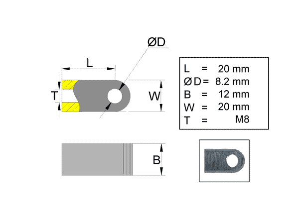 Hinge eye for gas spring; L=20; M8
