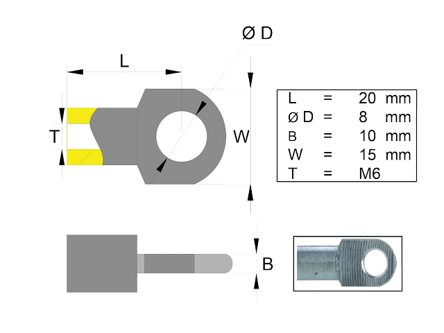 Hinge eye for gas spring stainless steel; L=20; M6