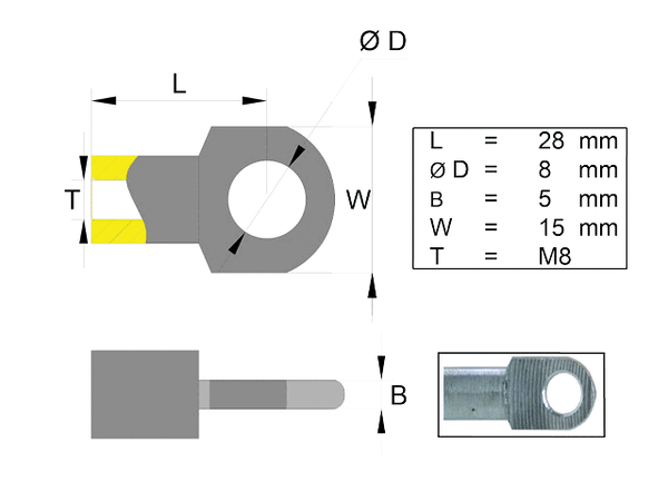 Hinge eye for gas spring stainless steel; L=28; M8