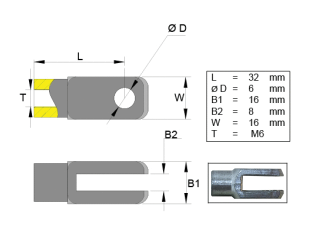 Fork head 6mm axis; L=32; M6