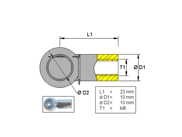 Ball socket , Metal ; L=22; M6