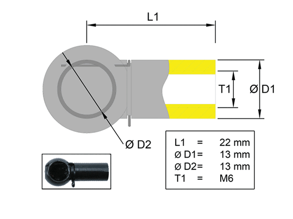 Ball socket , Metal; L=22; Ball Ø13; M6
