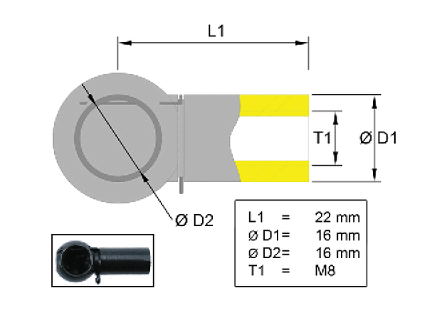Ball socket, Metal; L=28; Ball Ø16; M8