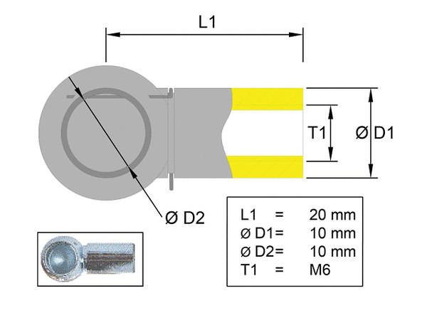 Ball socket stainless steel; L=20; Ball Ø10; M6