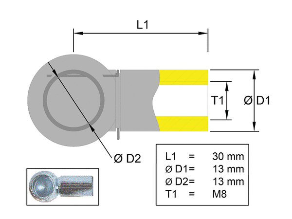 Ball socket stainless steel; L=30; Ball Ø13; M8