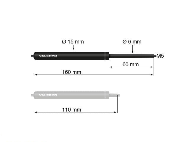 Gas spring Arctic L = 160 mm, L compressed = 110 mm, 100N, Ø15/6 mm, M5