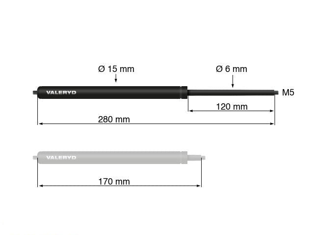 Gas spring Arctic L = 280 mm, L compressed = 170 mm, 300N, Ø15/6 mm, M5