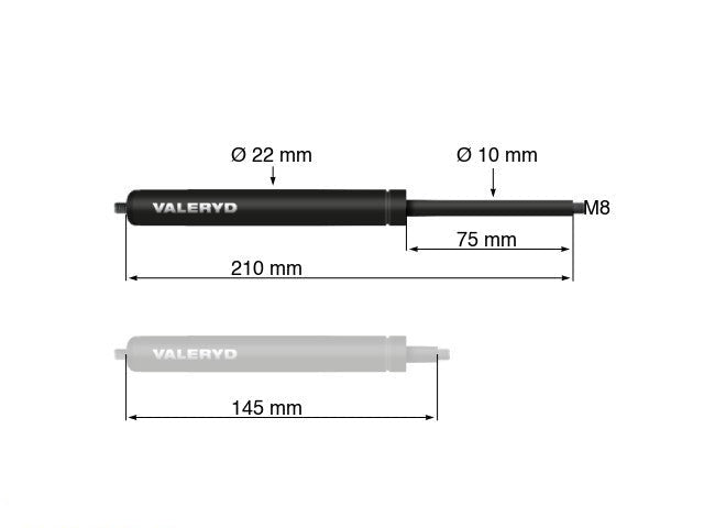 Gas spring Arctic L = 210 mm, L compressed = 145 mm, 900N, Ø22/10 mm, M8