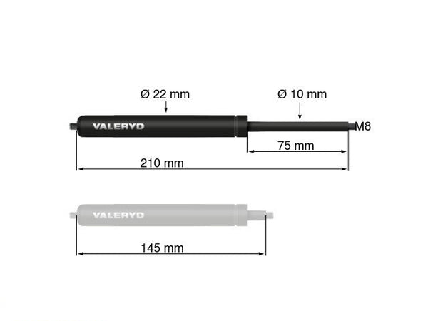 Gas spring Arctic L = 210 mm, L compressed = 145 mm, 1100N, Ø22/10 mm, M8