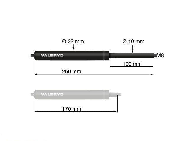 Gas spring Arctic L = 260 mm, L compressed = 170 mm, 500N, Ø22/10 mm, M8