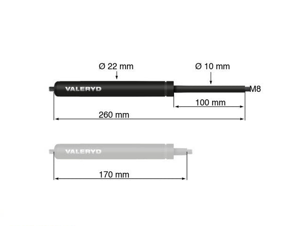 Gas spring Arctic L = 260 mm, L compressed = 170 mm, 1200N, Ø22/10 mm, M8