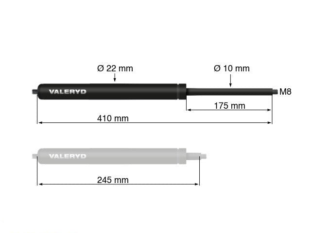 Gas spring Arctic L = 410 mm, L compressed = 245 mm, 350N, Ø22/10 mm, M8
