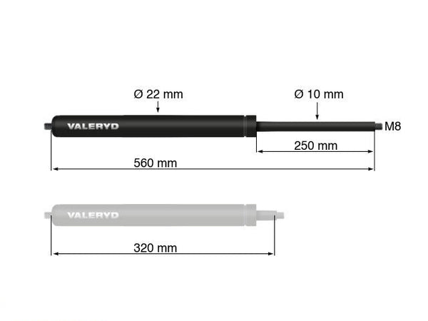 Gas spring Arctic L = 560 mm, L compressed = 320 mm, 1200N, Ø22/10 mm, M8