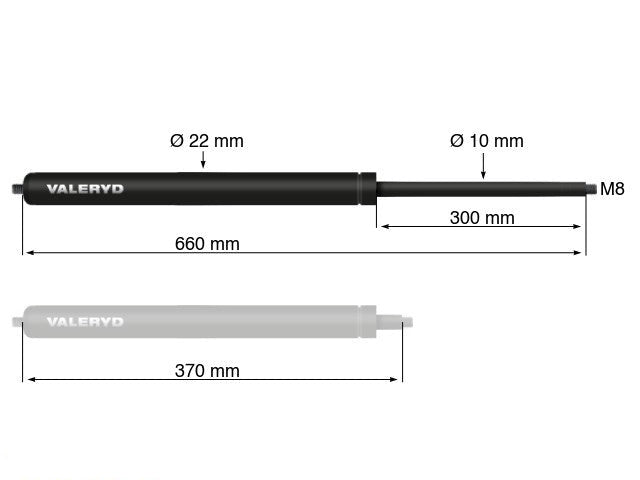Gas spring Arctic L = 660 mm, L compressed = 370 mm, 600N, Ø22/10 mm, M8