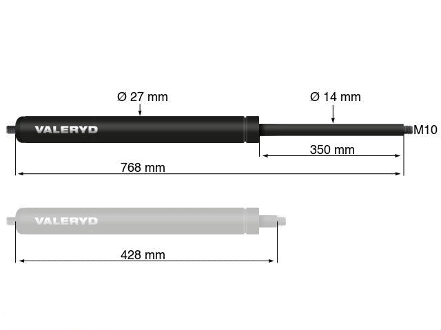 Gas spring Arctic L = 768 mm, L compressed = 428 mm, 2500N, Ø27/14 mm, M10