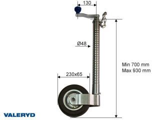 Stödhjul SS Ø48mm med stålfälg. Fullgummihjul 230x65mm. Belastning 200kg Stödhjul SS Ø48mm med stålfälg. Fullgummihjul 230x65mm. Belastning 200kg