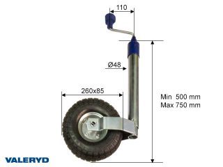 Stödhjul Ø48mm med stålfälg. Luftgummihjul 260x85mm. Belastning 150kg Stödhjul Ø48mm med stålfälg. Luftgummihjul 260x85mm. Belastning 150kg