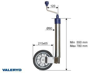 Jockey wheel Ø60 mm Metal rim. Solid rubber wheel 225x65 mm. Support load 250 kg