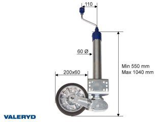 Auto fold jockey wheel Ø60 mm, metal rim. Solid rubber wheel 200x60 mm. Sup. load 250 kg U-brckt