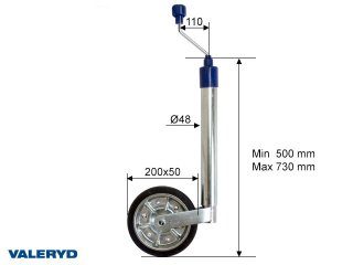 Jockey wheel Ø48 mm Metal rim. Solid rubber wheel 200x50 mm. Support load 150 kg